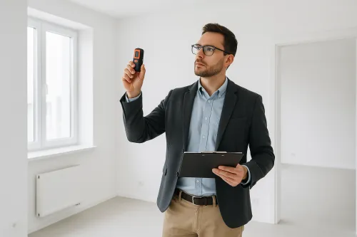 Person with a measuring device in a bright interior