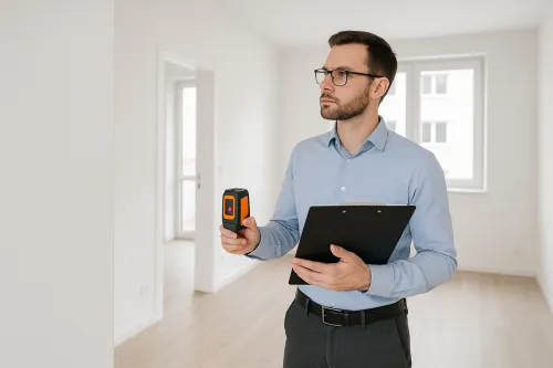 A man with a measuring tool and a notebook in an empty room
