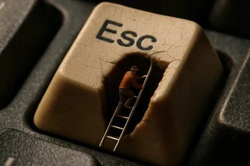 Миниатюрная фигурка человека на клавише Esc со лестницей