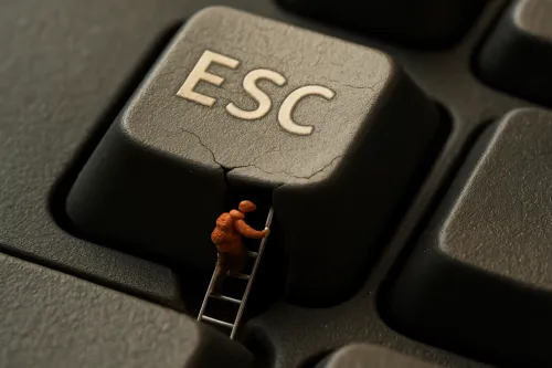 Скульптура альпиниста, поднимающегося по лестнице к клавише ESC