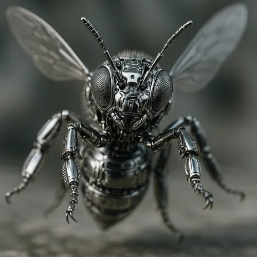 Technologically advanced bee with metal components and transparent wings