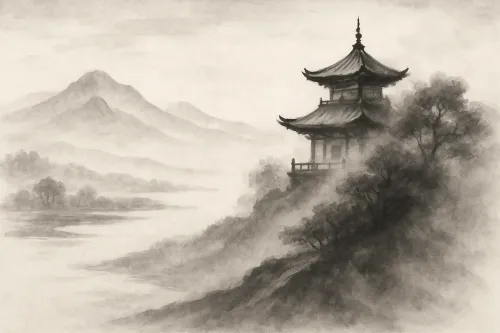 Misty Landscape with a Traditional Temple and Mountains