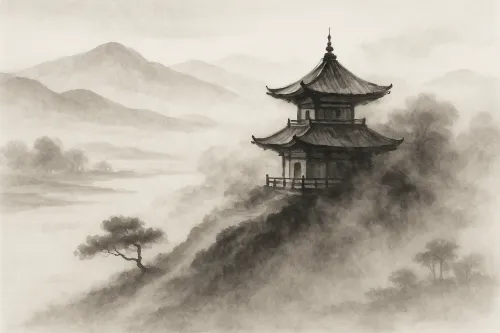 Antiguo templo oriental rodeado de niebla y montañas