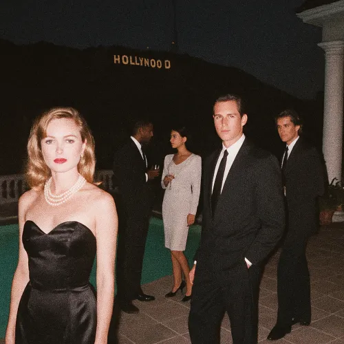 Fiesta elegante frente al letrero de Hollywood, invitados con estilo