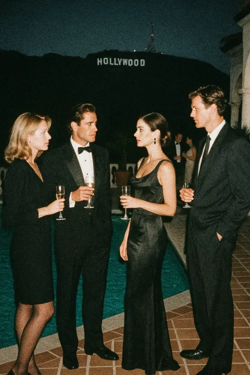 Cuatro personas en trajes de gala ante el letrero de Hollywood