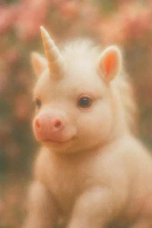 A fantastic creature: a unicorn with pig features against a blurred floral background