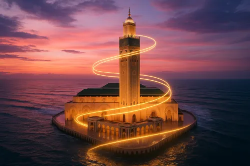 Mosque building with golden light spiraling around the minaret at sunset