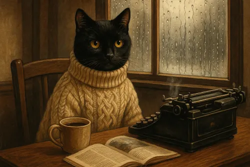 Симпатичный черный кот в свитере сидит за столом с машинкой и книгой