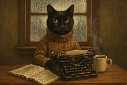 Black cat in a sweater typing on an antique typewriter by the window