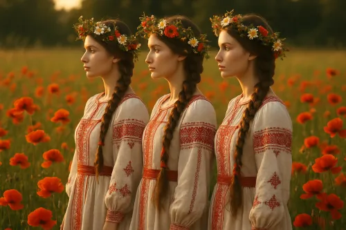 Три девушки с длинными косами в венках на фоне цветущего поля