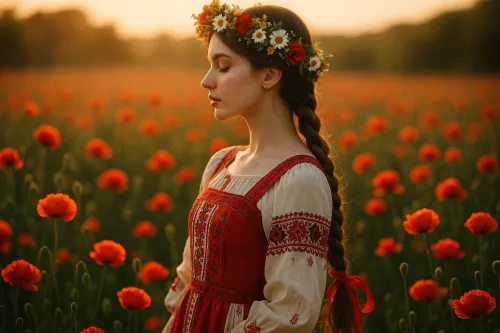 Молодая женщина в традиционной одежде на фоне цветущих маковых полей