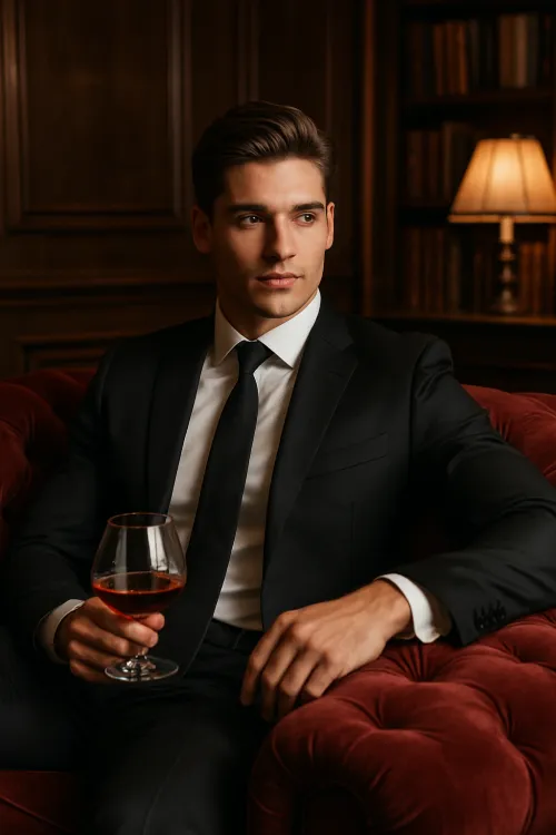 Young man in a formal suit with a glass of wine in a cozy setting