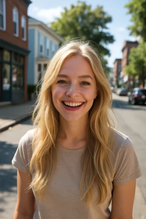 Chica con cabello largo y claro sonriendo frente a una calle de la ciudad