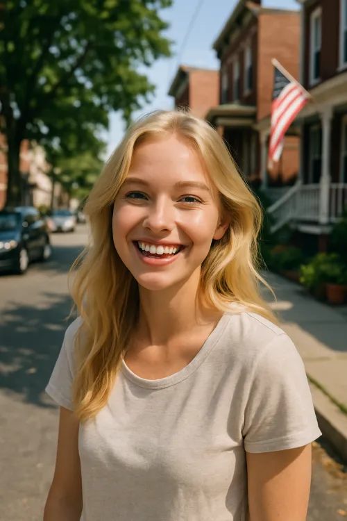 Girl with long blonde hair smiling on the street in sunny weather