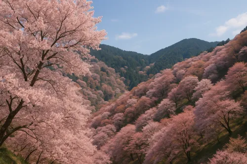 Vista de cerezos en flor contra el fondo de un paisaje montañoso con árboles verdes