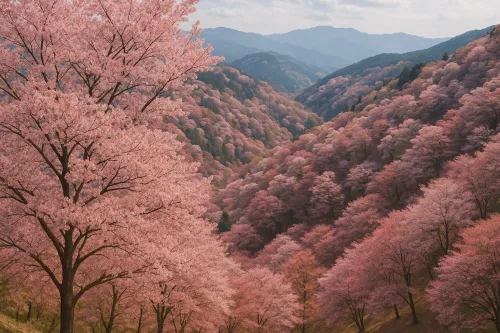 Vista de los árboles de cerezo en flor en las pintorescas montañas de Japón