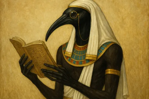 A figure with a raven's head reading Egyptian hieroglyphs