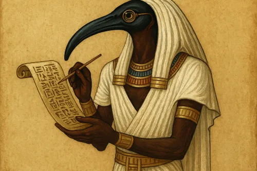 God Thoth in traditional Egyptian attire with a note on papyrus