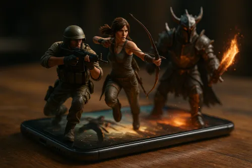 Two character figures from games on the phone screen