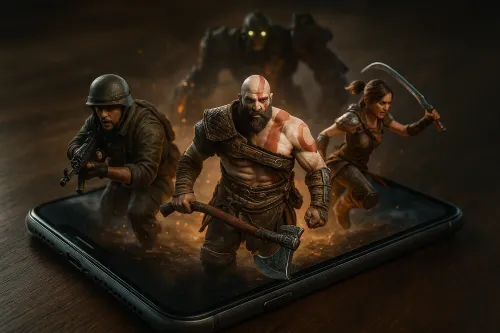 Scene with three video game characters emerging from a smartphone