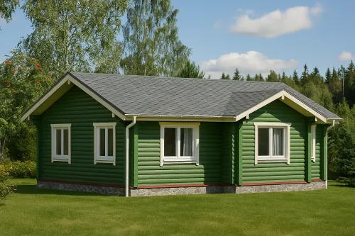 Modern wooden house against nature with green trees