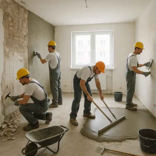 Cuatro constructores trabajan en la decoración de un departamento con herramientas