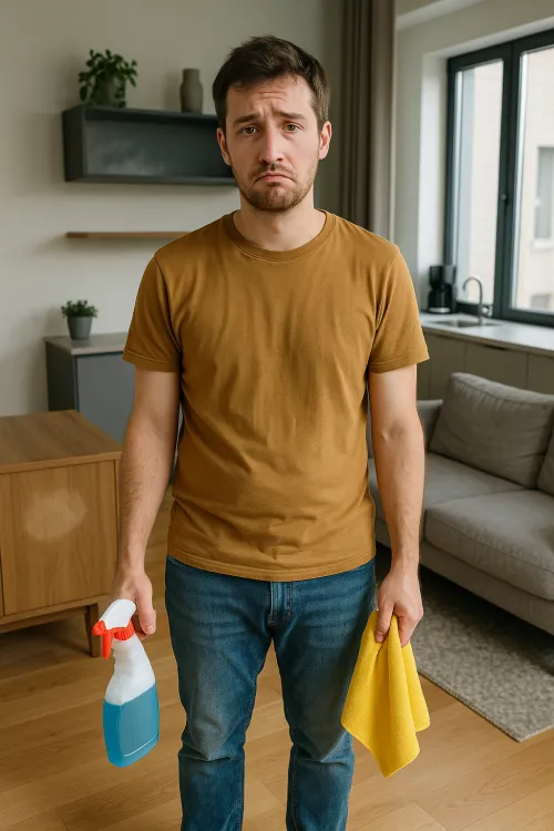 Hombre con artículos de limpieza parece descontento en casa