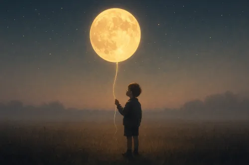 Child holding a moon-shaped balloon against the backdrop of a night sky