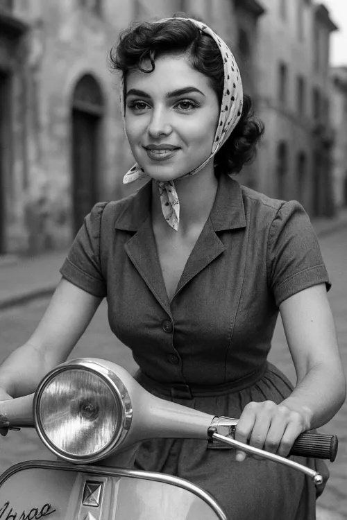Elegant woman on a scooter with lovely hair and a black-and-white scarf