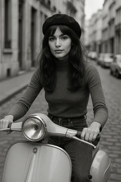 Woman in a Beret and Sweater on a Scooter in the City Street