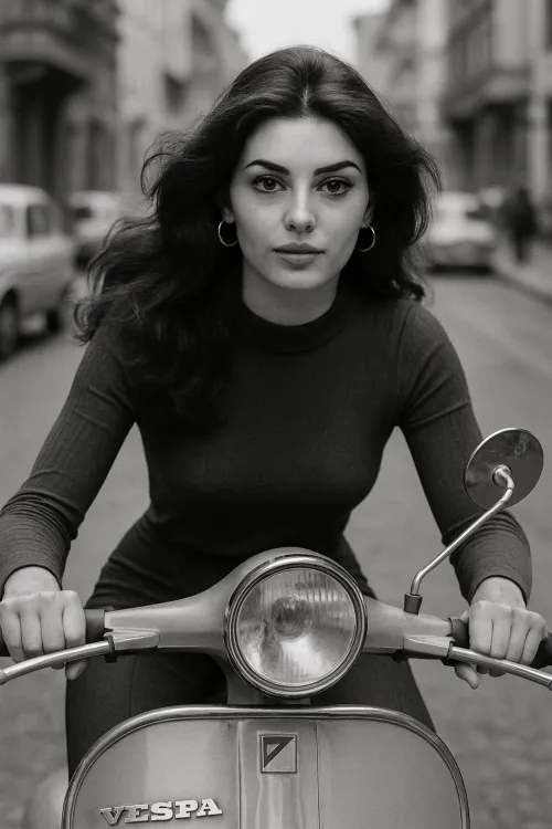 Женщина с длинными волосами едет на скутере Vespa по городской улице