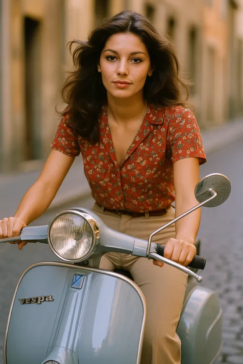 Стильная девушка в цветной рубашке на скутере Vespa