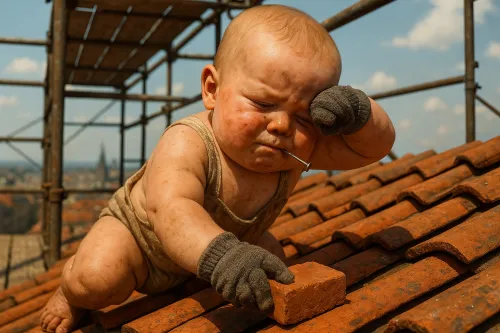 Little child on the roof with a tool and a brick