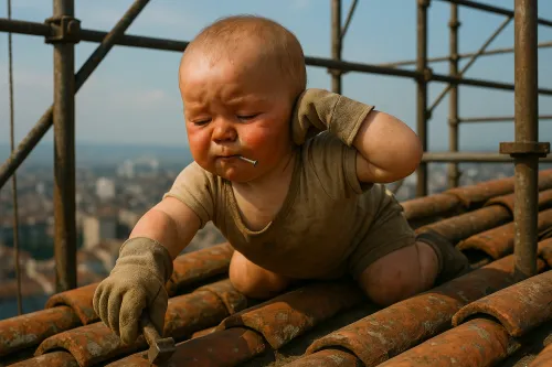 Small child in dirty clothes with a tool on the roof