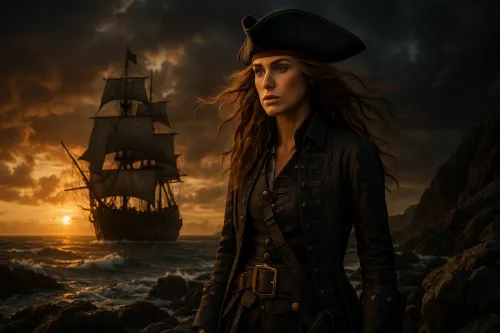 Pirate woman in a black outfit on the shore with a ship and sunset sky