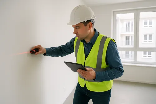 Builder with a tablet measuring distance with a laser