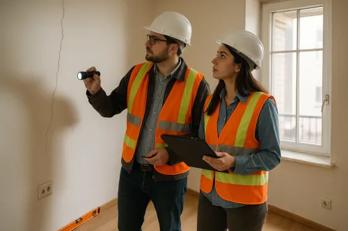 Workers in protective clothing checking the walls for cracks