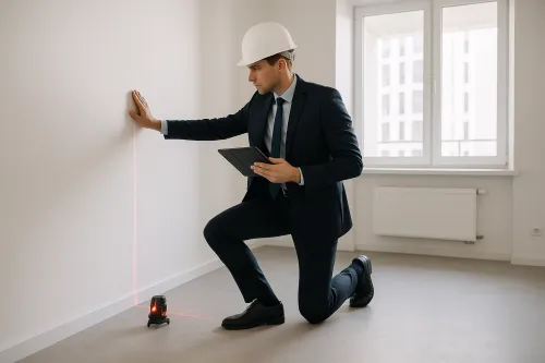 Specialist inspecting a wall using a laser level and tablet