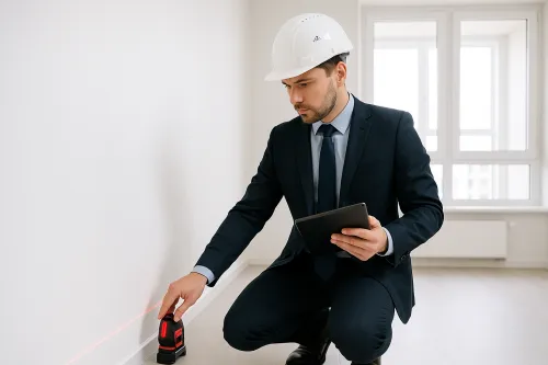 A specialist in a formal suit using a laser level for measurements