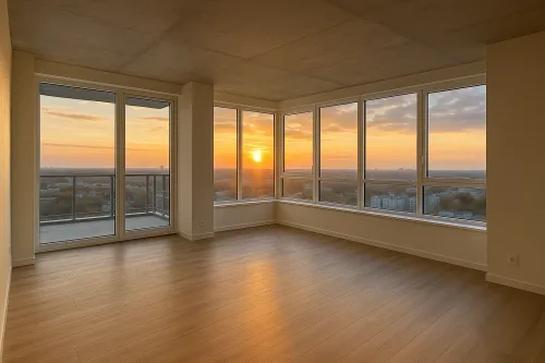 Spacious apartment with large windows and sunset view