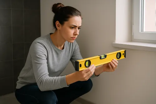Young woman with a spirit level checking the horizontality by a window
