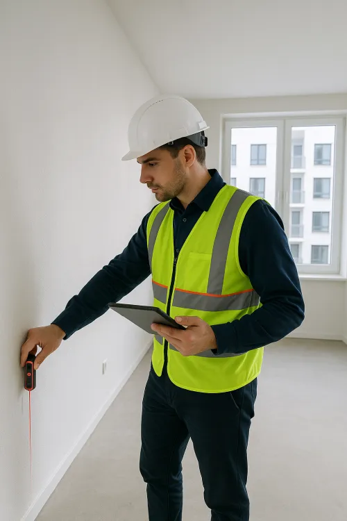 A man in protective clothing measures distances in a room