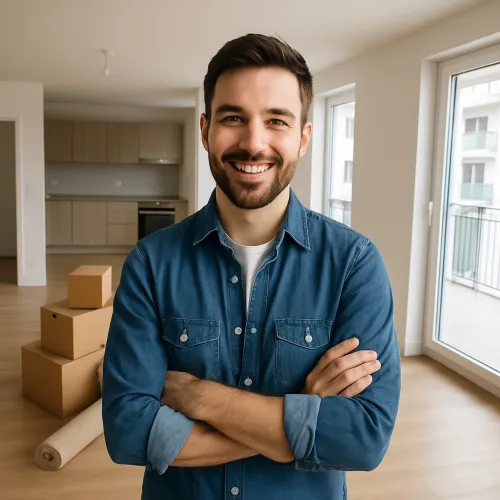Smiling man standing in an empty apartment with boxes