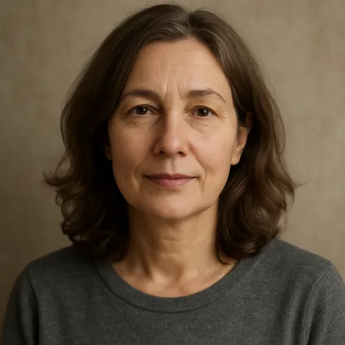 Mujer con cabello largo y expresión facial neutra, vestida con un suéter gris