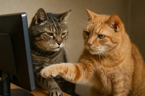 Dos gatos observan atentamente la pantalla del ordenador e interactúan entre ellos