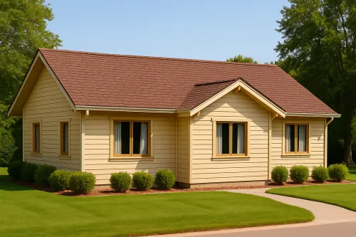 Cozy country house with a roof and windows, surrounded by a lawn