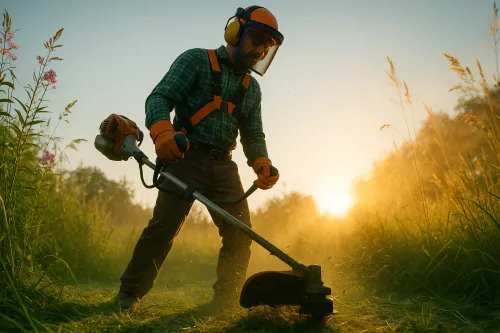 Man with a trimmer in a lit field under the sunset sky