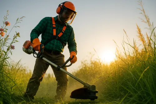 A man in protective gear trims grass using a brush cutter