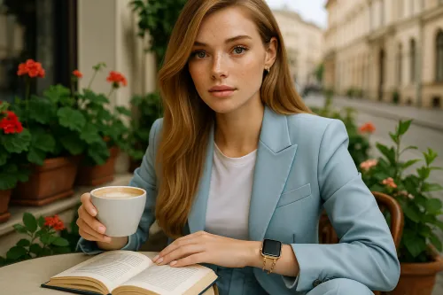 Young woman in a blazer with a book and a cup of coffee against a backdrop of flower pots