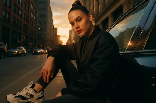A young woman in a black jacket sitting on the road in the twilight of the city